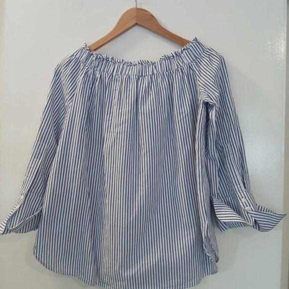 H&M woman's white mix stripe cotton bardot top - Picture 3 of 5